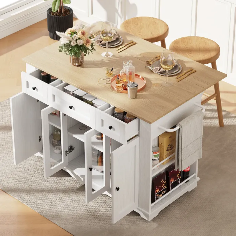 151.5cm Kitchen Island with Folding Breakfast Bar and Tempered Glass Cabinets