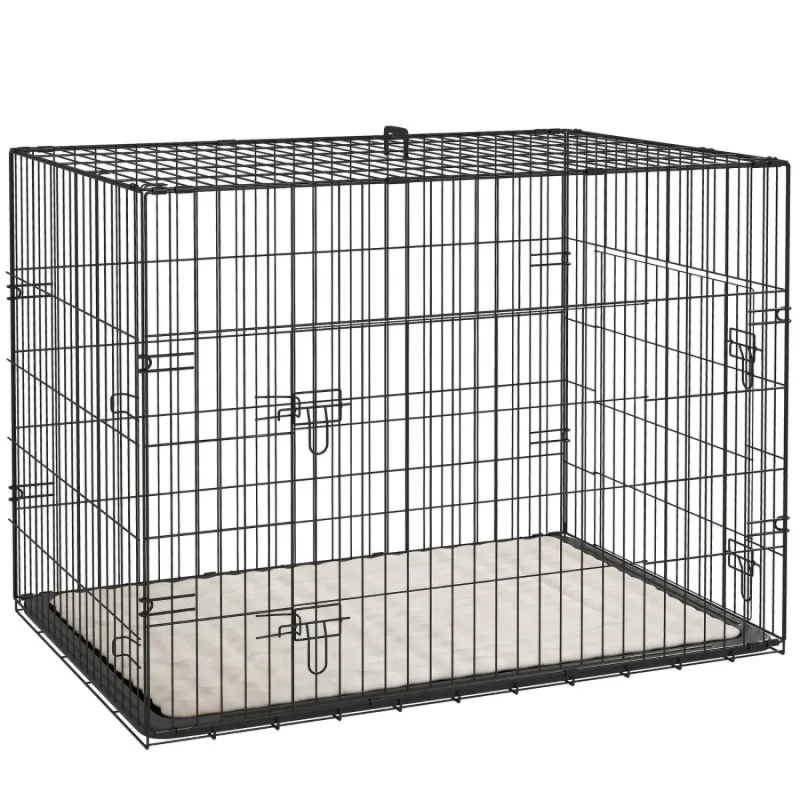 91cm Foldable 2-Door Dog Crate with Washable Cushion and Tray - Black