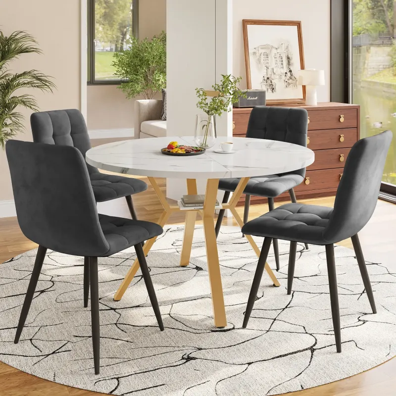 5-Piece Round Marble Effect Dining Set with 4 Grey Linen Chairs & Gold Legs