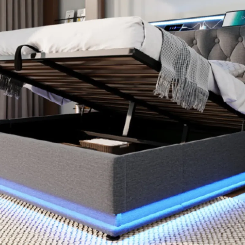 Grey Linen Upholstered 4ft6 Double Ottoman Bed with 360° LED Lighting and Charging Ports