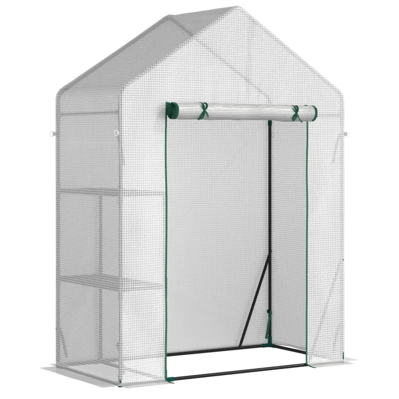 Walk In Greenhouse with 2-Tier Shelving - 143 x 73 x 195cm - White