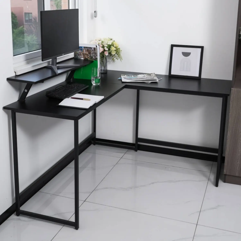 Modern L-Shaped Black Corner Computer Desk - Home Office Workstation