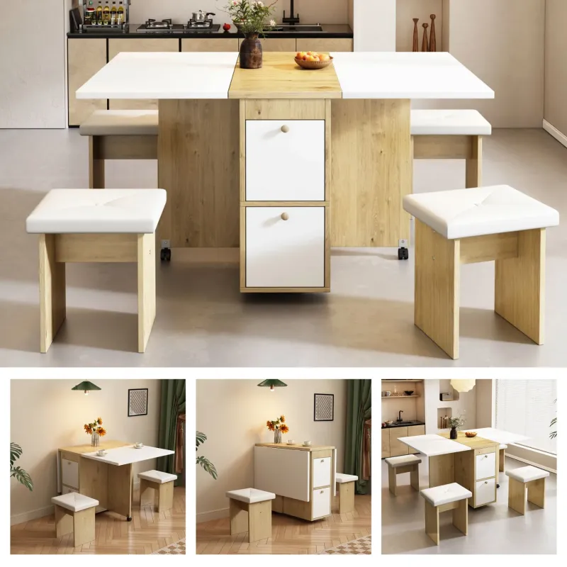 Extendable 4 Seater Dining Table Set with 4 Chairs - White & Oak