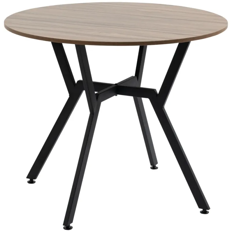 Round Wood-Effect Dining Table with Black Metal Legs, 90cm - Brown