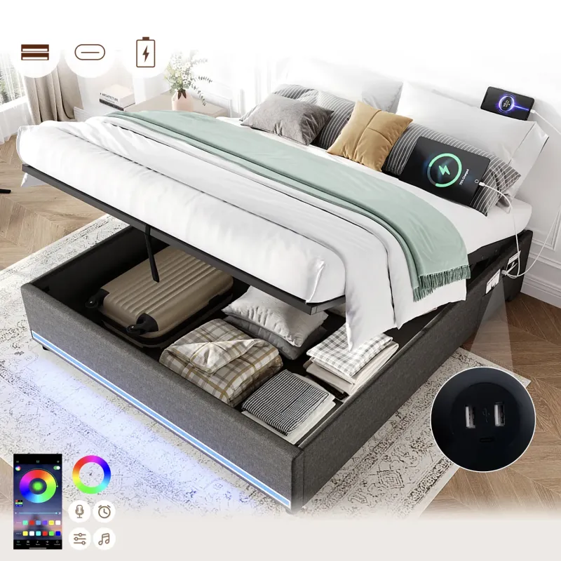 4ft6 Double Linen Hydraulic Storage Bed with LED Lights and Charging Station, Grey
