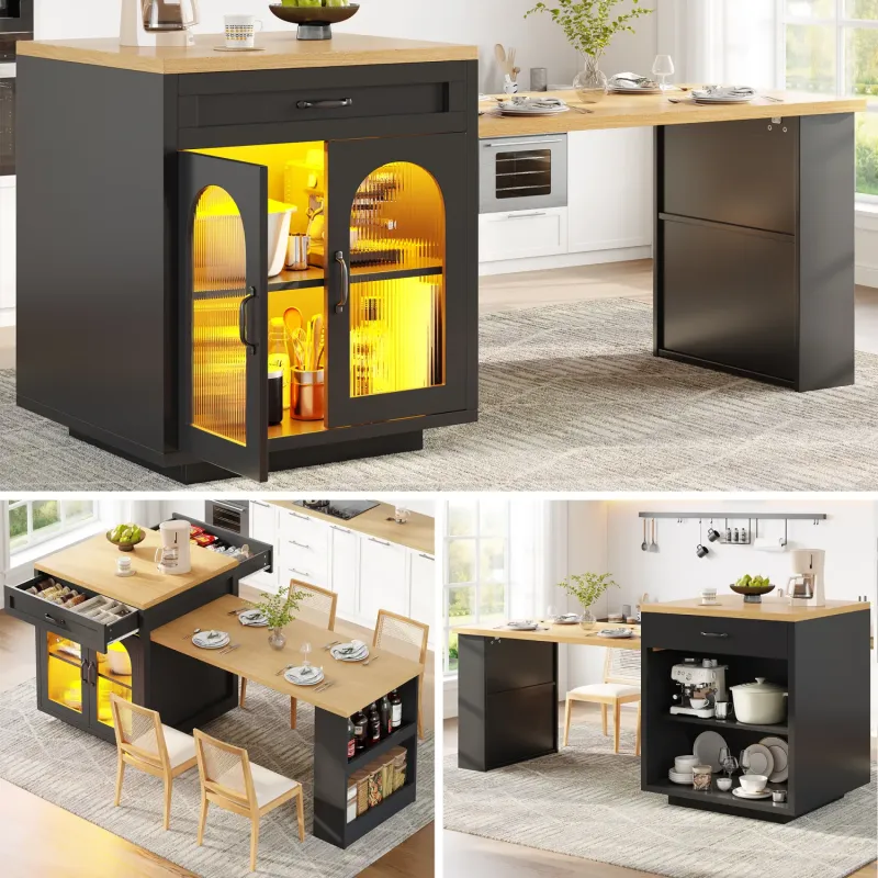 Extendable Kitchen Island with LED Lighting and Fluted Glass Doors