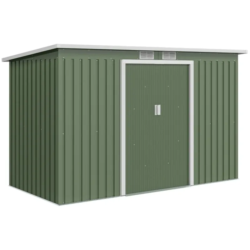 9ft x 4ft Galvanised Metal Garden Shed with Foundation Kit & Double Doors - Light Green