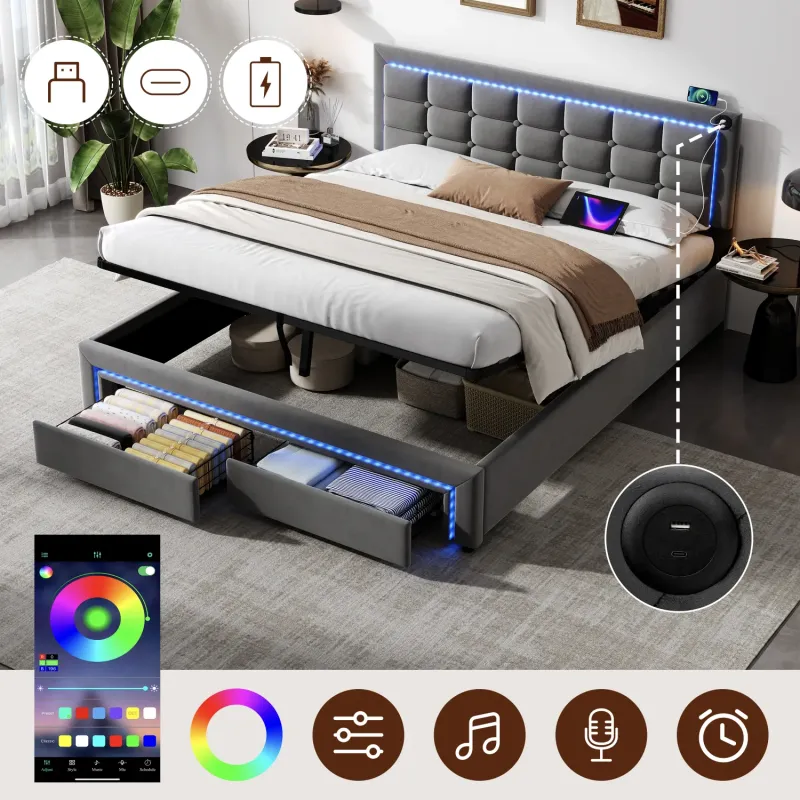 Double Upholstered Ottoman Bed Frame with LED, USB Charging and Drawers - Grey Velvet