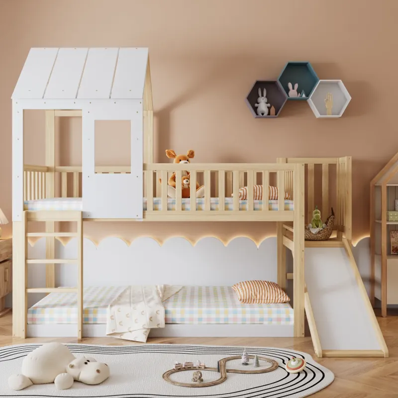 Kids' White and Natural Wood House Bed High Sleeper with Slide - 3ft Single