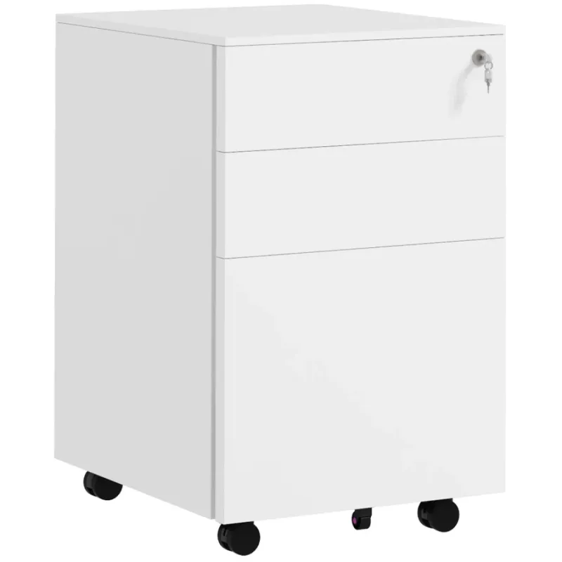 Steel 3-Drawer Mobile Filing Cabinet with Lock - White