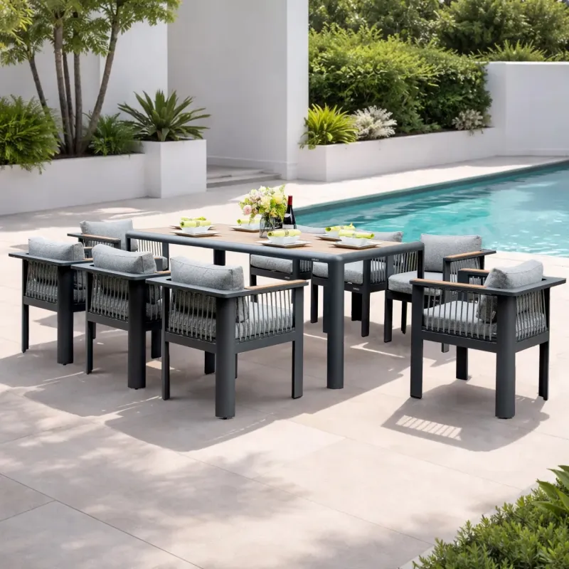 Aluminium Outdoor Dining Set, 8 Seater Set, in Wood-Look and Grey, with a Rectangular Table & Teak Armrest Chairs