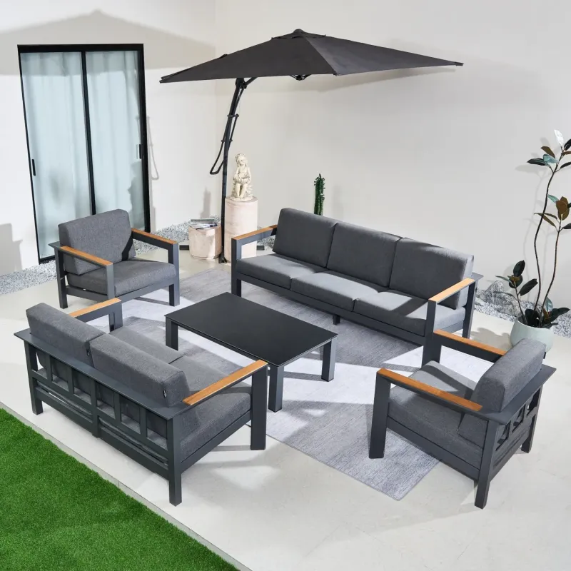 Arve 7-Seater Aluminium Garden Sofa Set with Teak Accents - Carbon Black