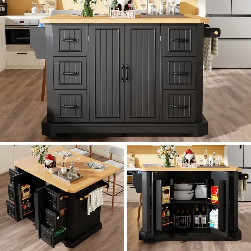 Mobile Kitchen Island with 6 Drawers and Drop-Leaf Worktop - White