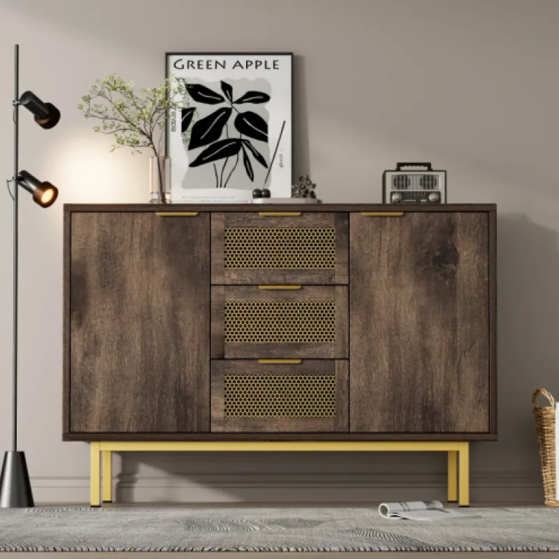 120cm Industrial Sideboard with 3 Mesh Drawers and 2 Doors - Dark Brown