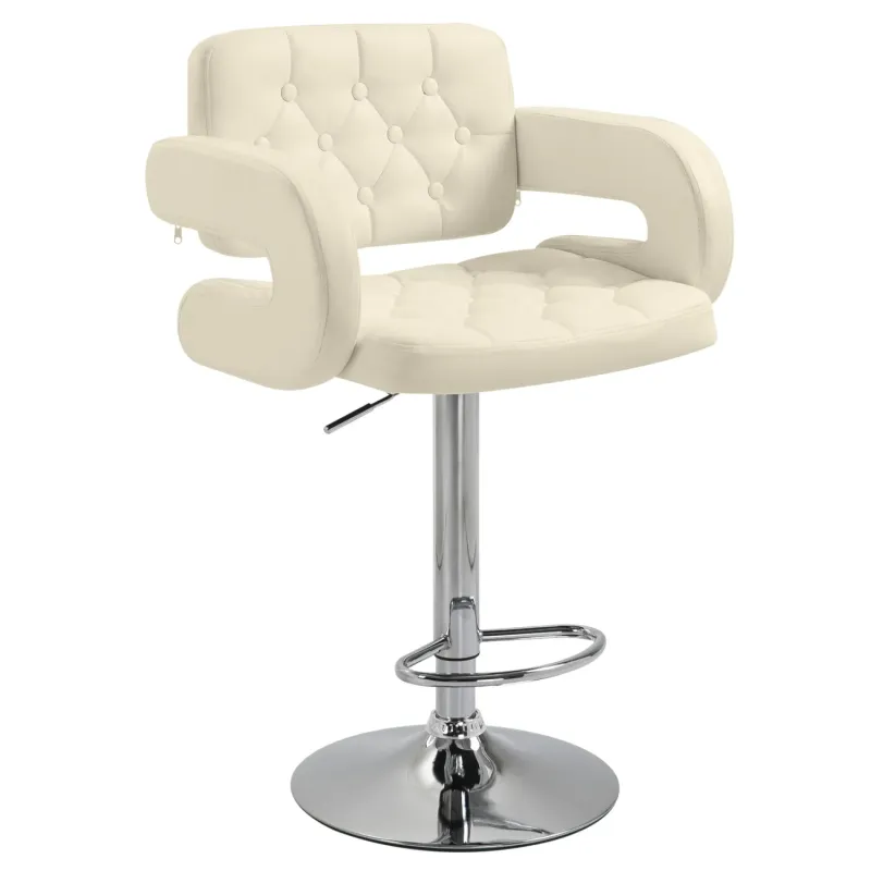 Bar Stool, Adjustable Height, Faux Leather in Beige with Button Tufting and Arms