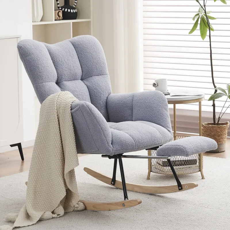 Modern Teddy Fabric Rocking Chair with Pull-Out Footrest - Light Grey