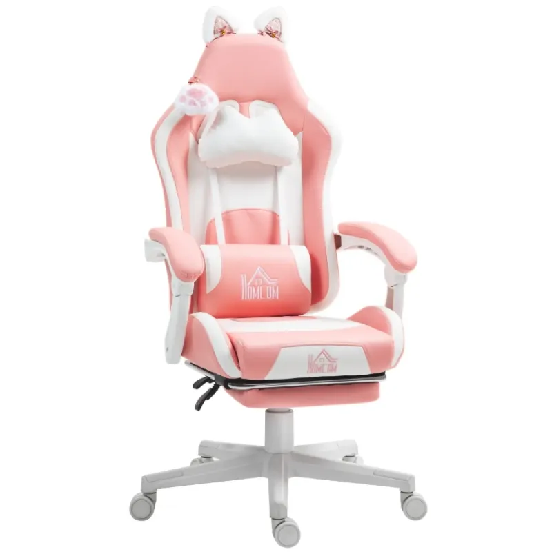 Reclining Cat Ear Gaming Chair with Footrest - Pink & White