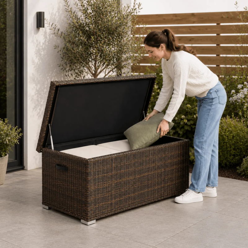 495L Medium Rattan Garden Storage Box with Gas Lift & Waterproof Liner