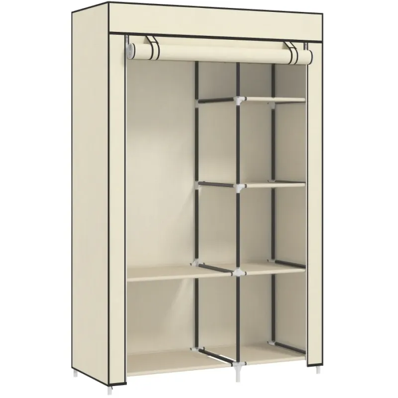 Portable Fabric Wardrobe with 6 Shelves and Hanging Rail, 103cm - Cream White
