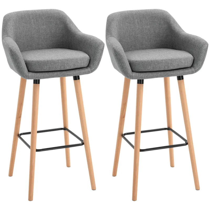 Bar Stool, Set of 2, Linen in Grey with Solid Wood Legs and Armrests
