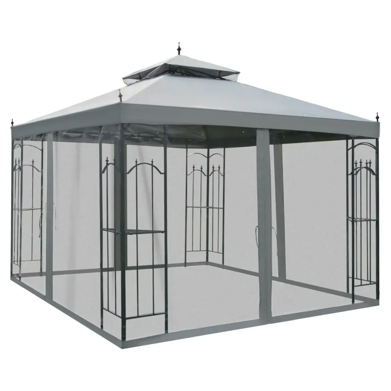  3m x 3m Garden Gazebo with Double-Tier Roof and Mesh Netting - Grey