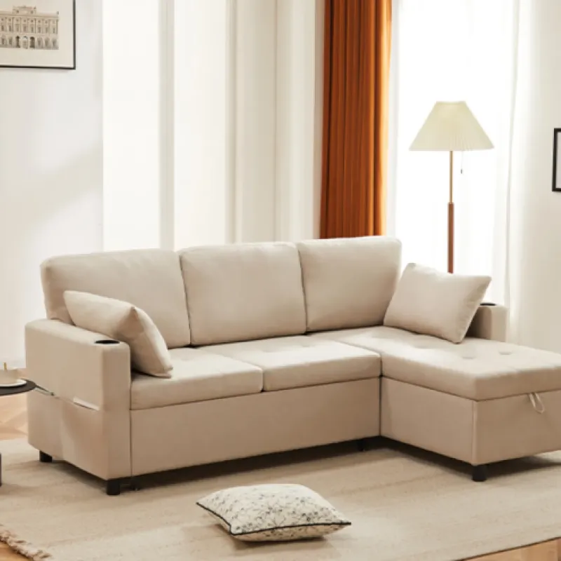 3-Seater Fabric Corner Sofa Bed with Storage Chaise and Cup Holders - Beige