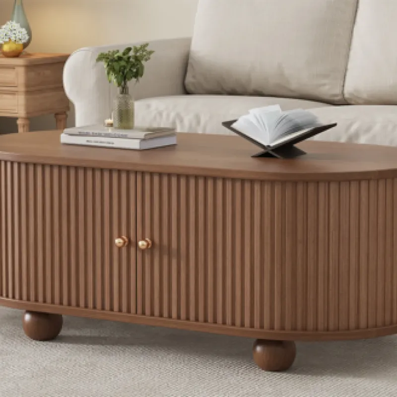 Oval Dark Oak Coffee Table with Slatted Sliding Doors and Internal Storage