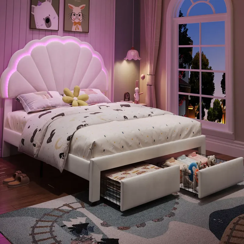 Beige Velvet Shell Backrest Double Bed with LED Lighting and 2 Drawers