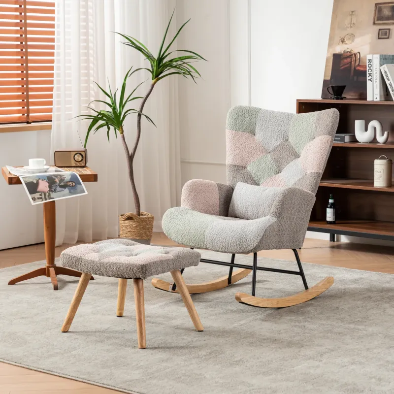 Patchwork Wingback Rocking Chair with Footstool and Lumbar Pillow - Multicolour