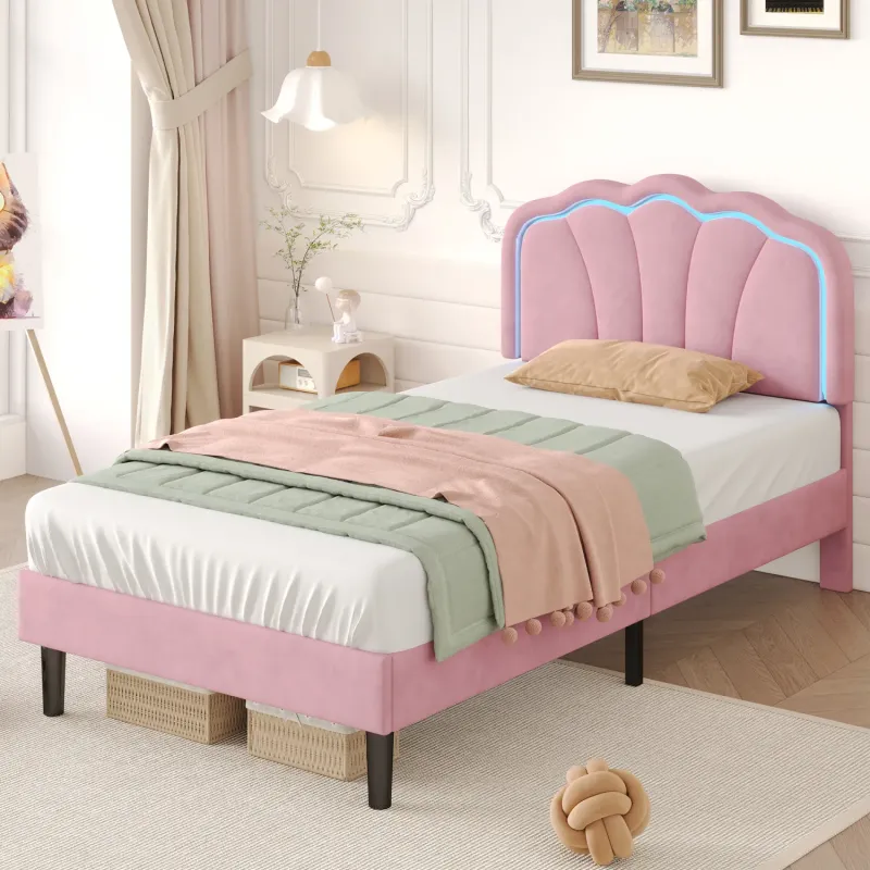 Pink Velvet 3ft Single Bed Frame with LED Adjustable Shell Headboard