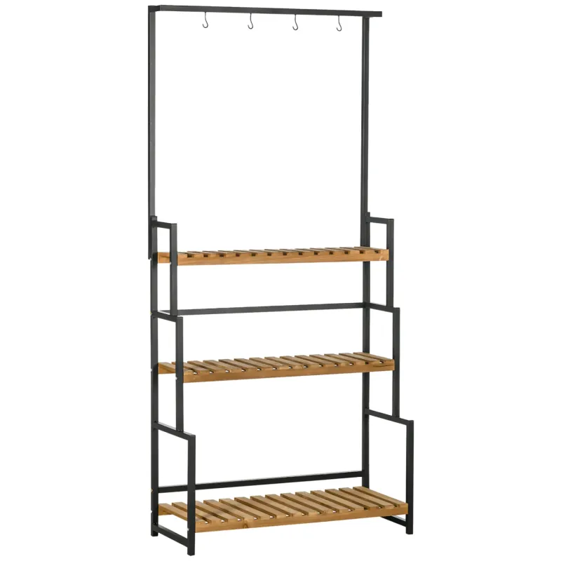 3-Tier Steel and Wood Plant Stand with Hanging Hooks - 174cm