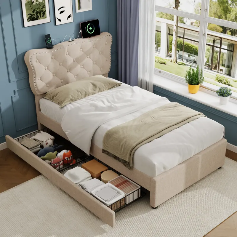 3ft Single Upholstered Bed with Charging Station and Storage Drawers in Beige Linen