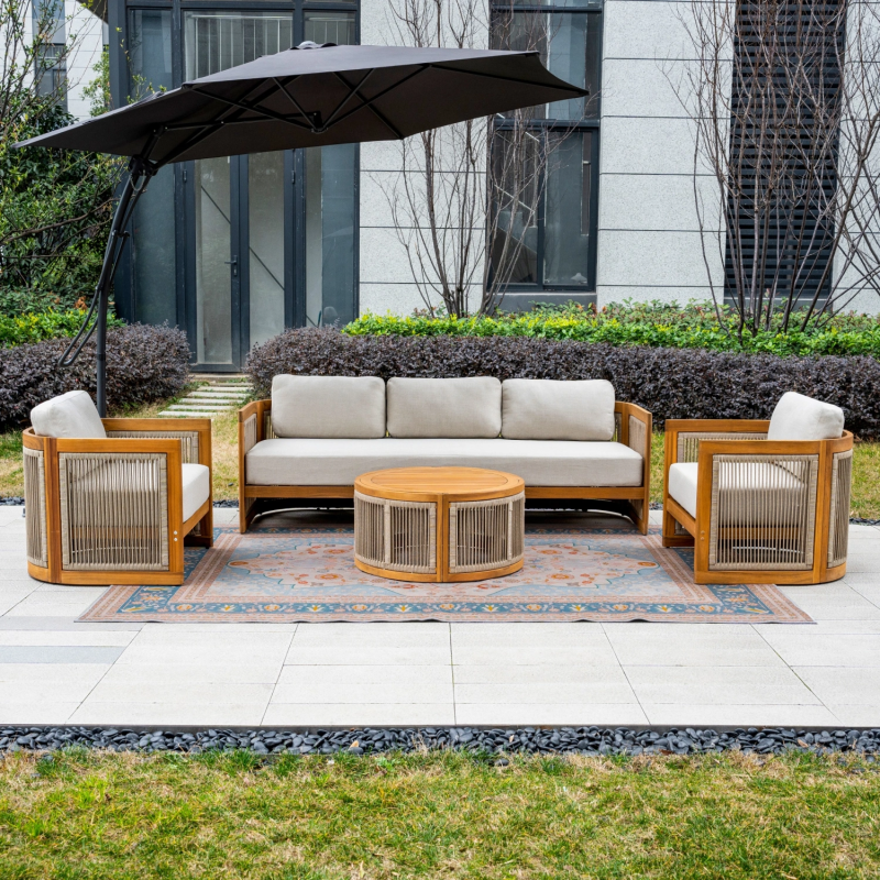 Acacia Wood Outdoor 5 Seater Set, 5 Seater, in Natural, with a Round Storage Table & Rope Detailing