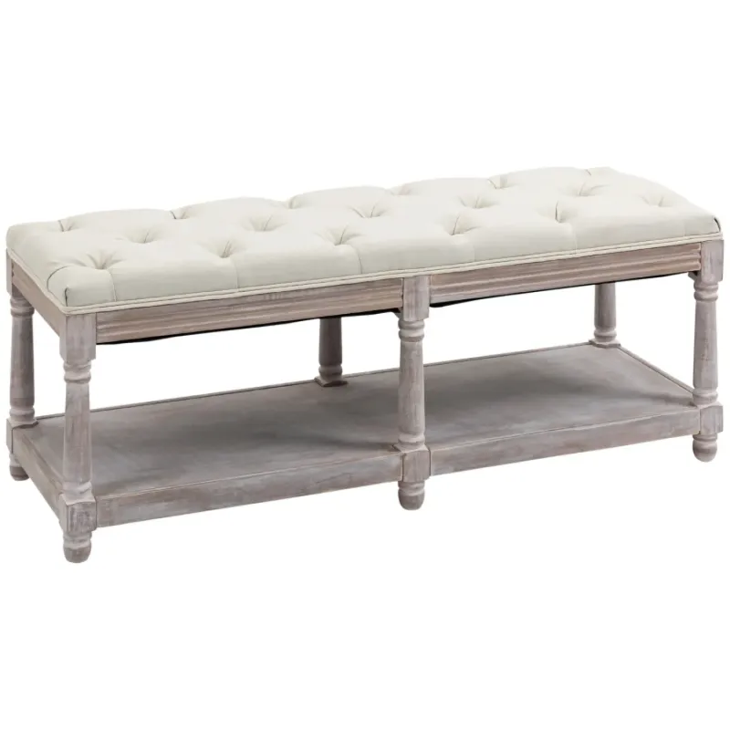 Button Tufted Storage Bench with Wooden Shelf, Cream White
