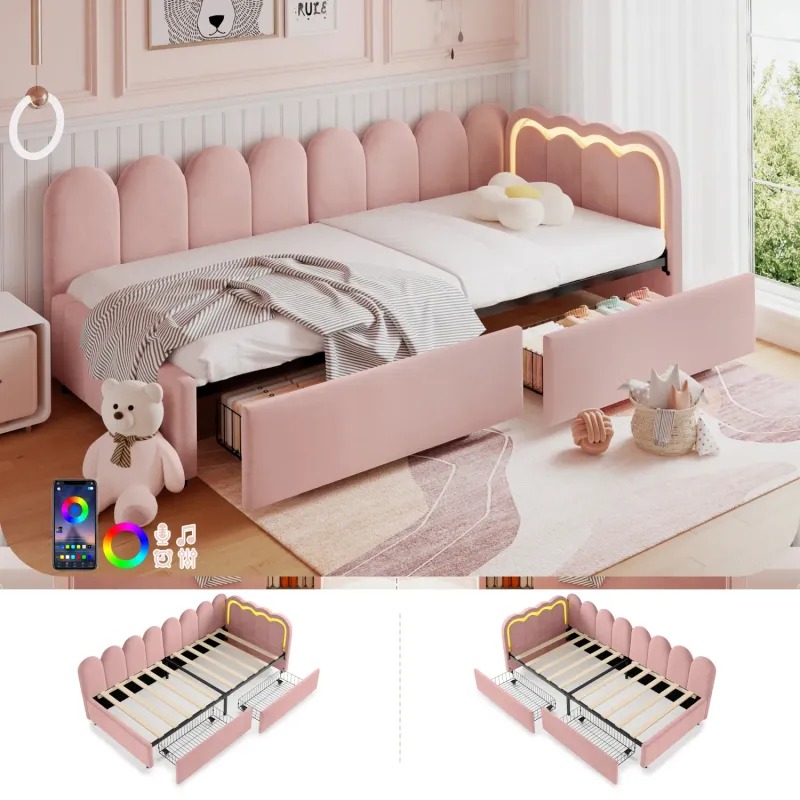 Velvet Daybed, Single, in Pink, with Smart RGB LED Lights and 2 Storage Drawers