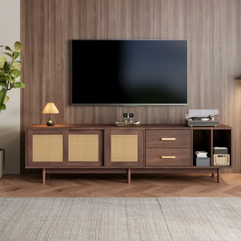 MDF TV Unit, 190cm, in Dark Wood, with Rattan Sliding Doors & 2 Drawers