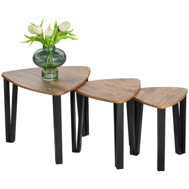 Walnut Wood Grain Nest of 3 Tables with Industrial Metal Legs