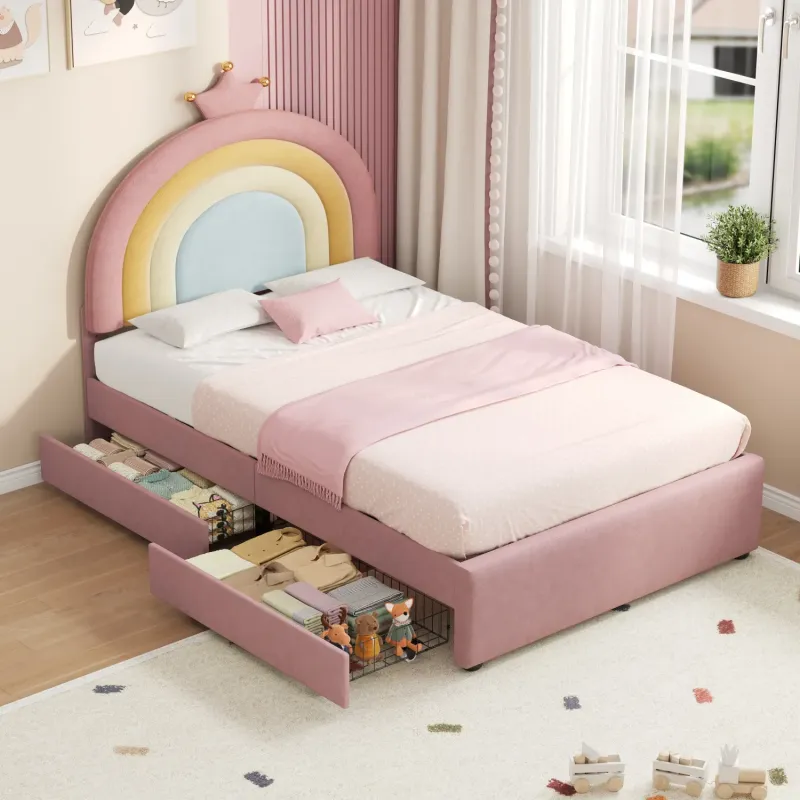 3ft Single Velvet Storage Bed with Adjustable Rainbow Crown Headboard - Pink