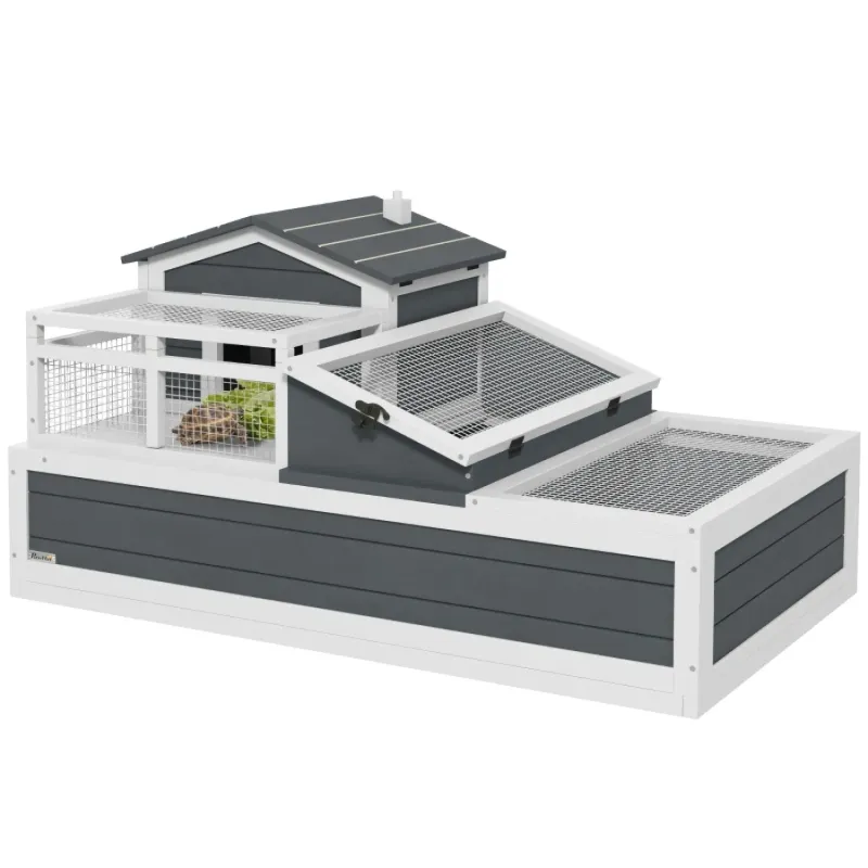 Large 2-Storey Wooden Tortoise House with Basking Balcony & 3 Rooms - Grey