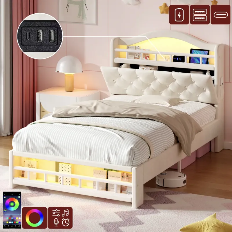 3ft Single Velvet Storage Bed Frame with LED, USB Charging & Tufted Headboard - Beige