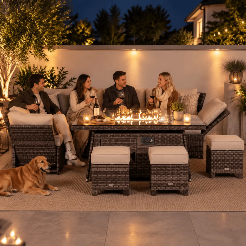 8-9 Seater Garden Corner Sofa Set with Rectangular Fire Pit Table and Adjustable Armrests, Brown