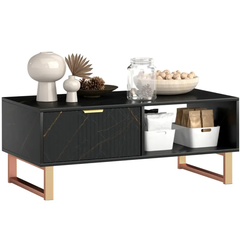 Rectangular Coffee Table, Marble Effect in Black, with Storage & Gold Accents