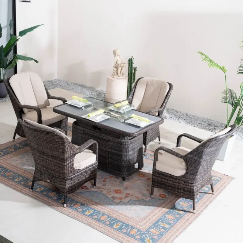 4-Seater Rattan Fire Pit Dining Set with Height-Adjustable Lift-Top Table