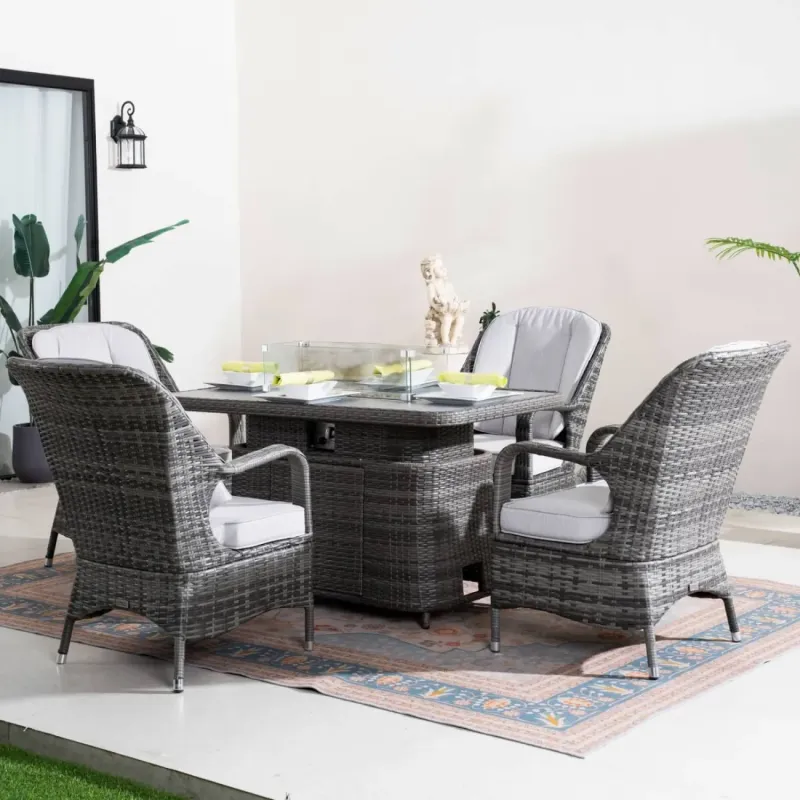 4-Seater Rattan Fire Pit Dining Set with Height-Adjustable Lift-Top Table