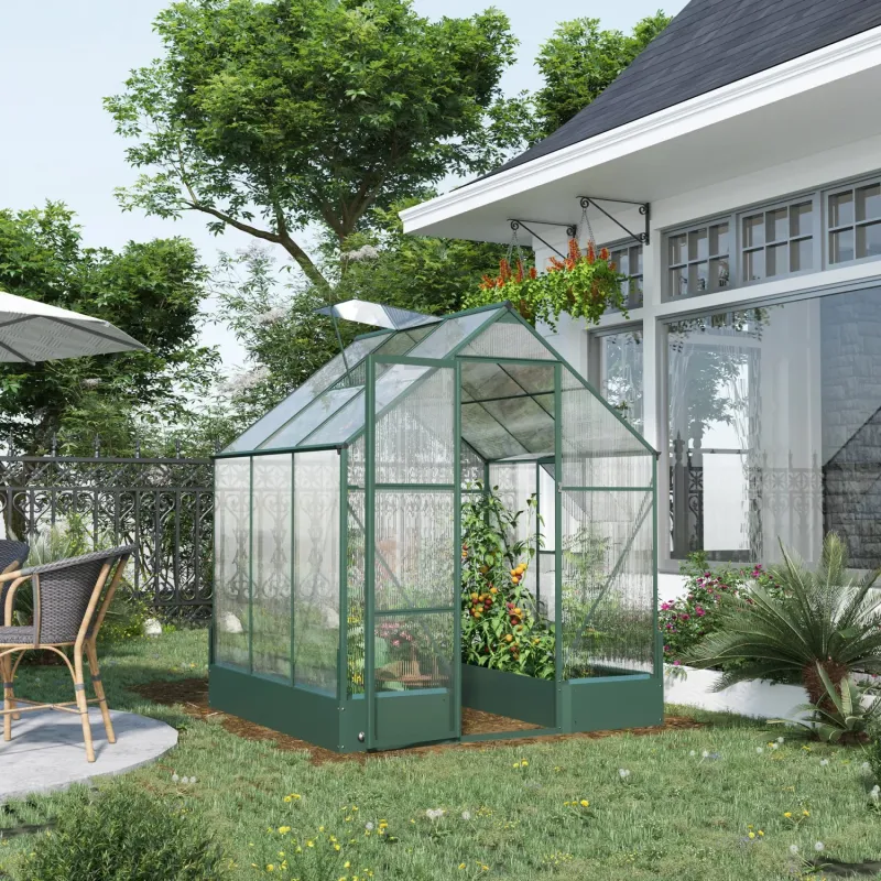  6ft x 6ft Polycarbonate Walk-In Greenhouse with Raised Garden Beds and Automatic Vent Window