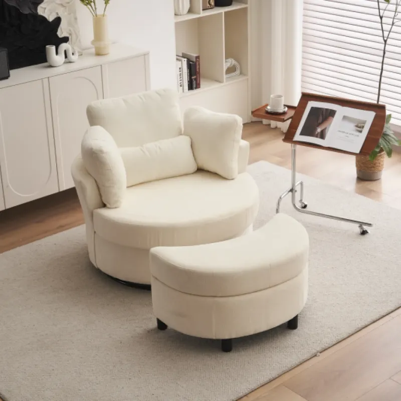 Ivory Chenille Swivel Armchair with Crescent Ottoman and 3 Back Cushions