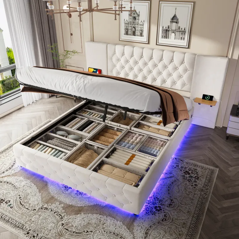 150 x 200cm Velvet Ottoman Bed Frame with LED Wide Headboard and USB-C - Beige