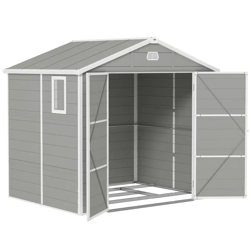  7.9ft x 6.2ft Plastic Garden Shed with Aluminium Frame and Foundation Kit - Light Grey
