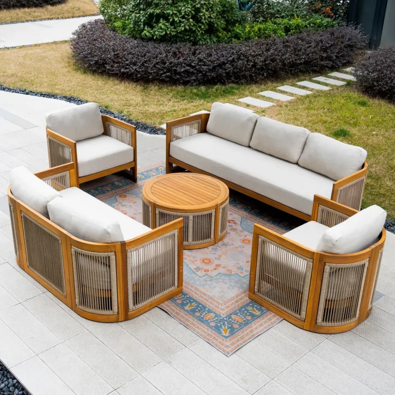 Acacia Wood 7-Seater Garden Sofa Set with Round Storage Coffee Table & Rope Detail - Natural