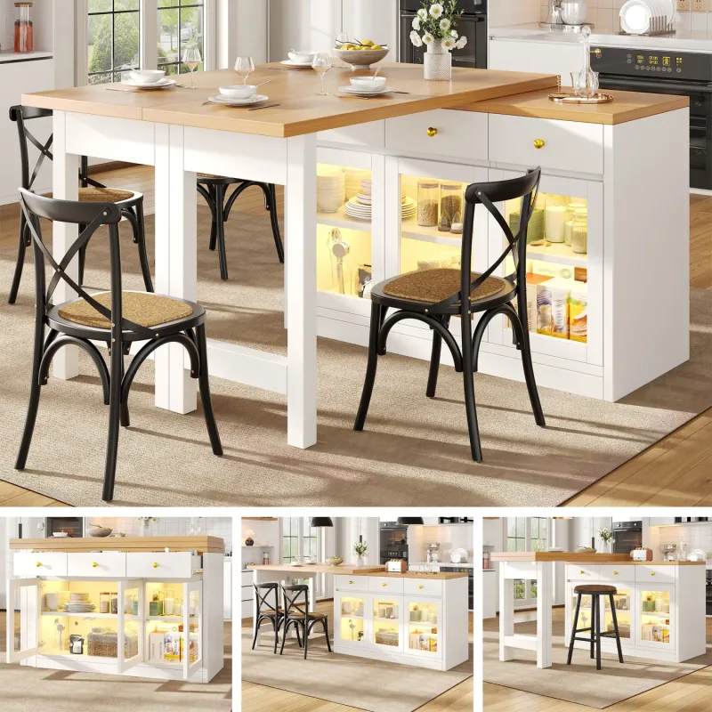 Extendable Kitchen Island Dining Table with LED Lights and Storage, 120-200cm